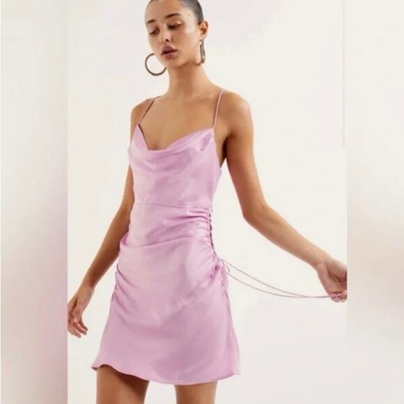 For Love & Lemons Kyra Silk Mini Dress Pink Satin Cowl Neck Open Side Size Small - Picture 1 of 9